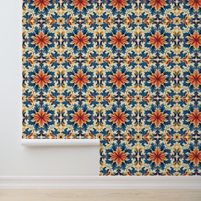 Papier Peint Carrelage orange bleu italien (Application)