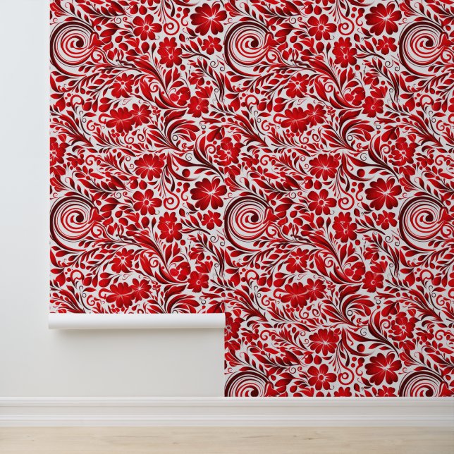 Papier Peint Carrelage rouge mignon twirl motif floral (Application)