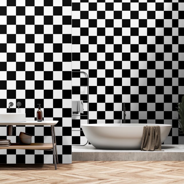 Papier Peint Carrés à carreaux géométriques rétro noir et blanc (Salle de bain)