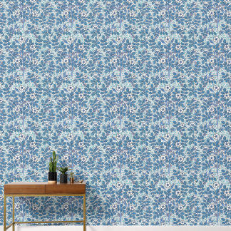 Papier Peint Carrés botaniques à feuilles bleues et fleurs blan