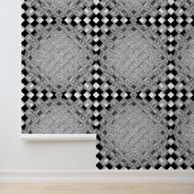 Papier Peint Carrés damier gris, noir et blanc aspect 3D (Application)
