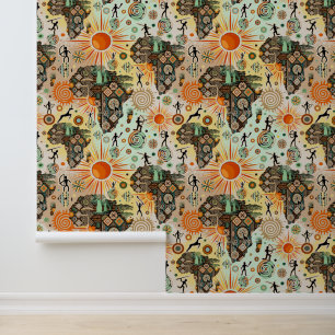 Papier Peint Carte d'Afrique motif décoratif éléments tribaux