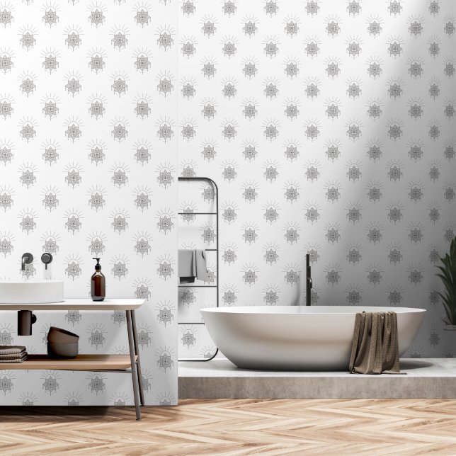 Papier Peint Celestial Elegant Grey & White Mandala Sun (Salle de bain)