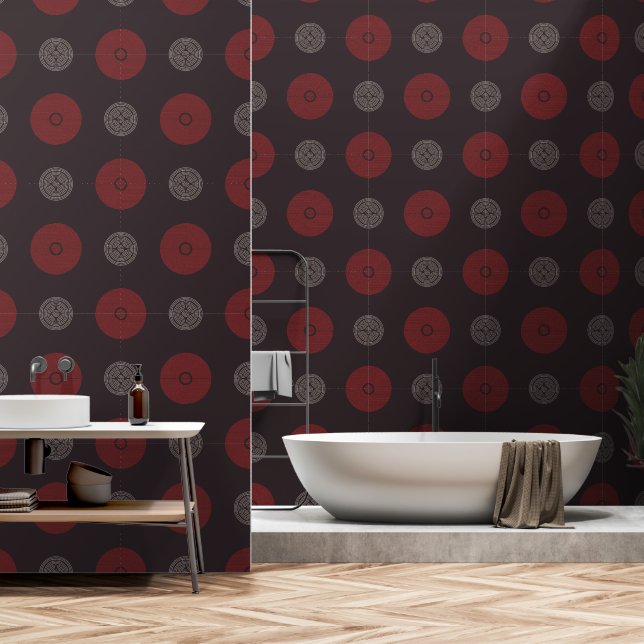 Papier Peint Cercles Art déco moderne rouge et blanc (Salle de bain)