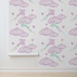 Papier Peint Cerfs-volants rose Clouds Coeurs Bébé Fille Nourri