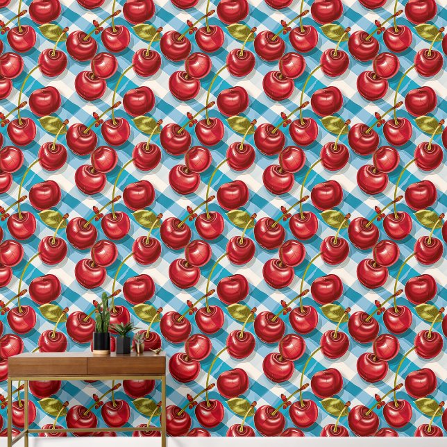 Papier Peint Cerise mignonne et Motif bleu plaid (Couloir)