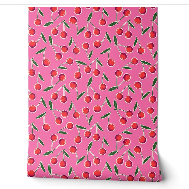 Papier Peint Cerises de Berry Retro jetées sur rose chaud - Cui (Déroulement)