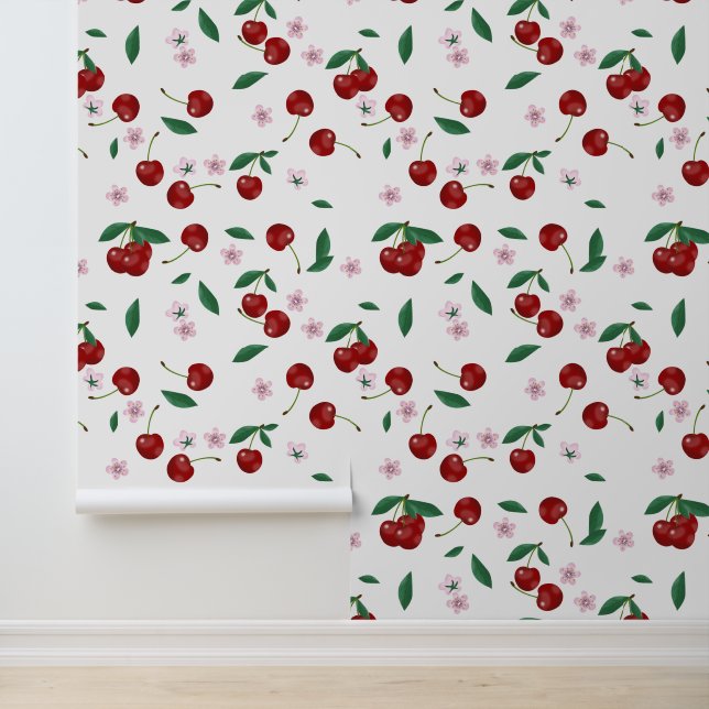 Papier Peint Cerises Rouges Botaniques Feuillage & Fleurs de Ce (Application)