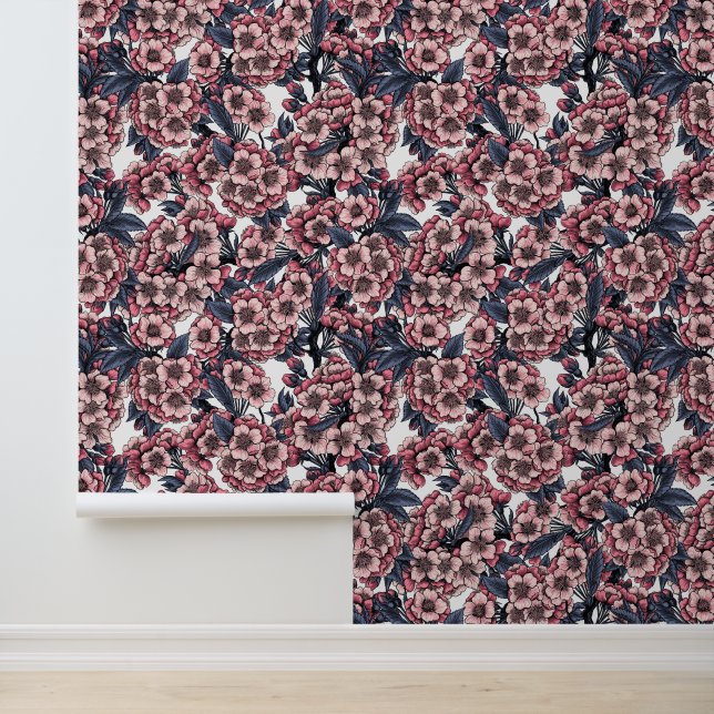 Papier Peint Cerisier en fleurs rose et bleu (Application)