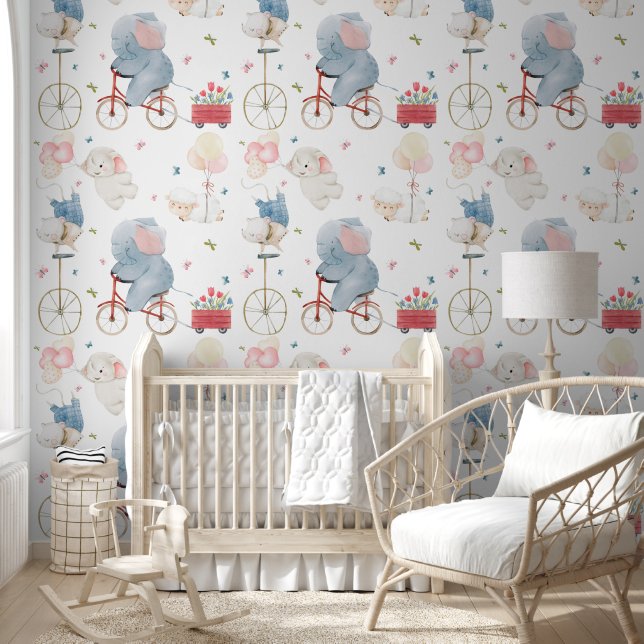 Papier Peint Chambre de bébé Éléphant Pastel Douce Animaux (Enfants)