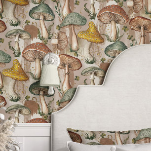 Papier Peint Champignons et Fougères Vintage Cottagecore