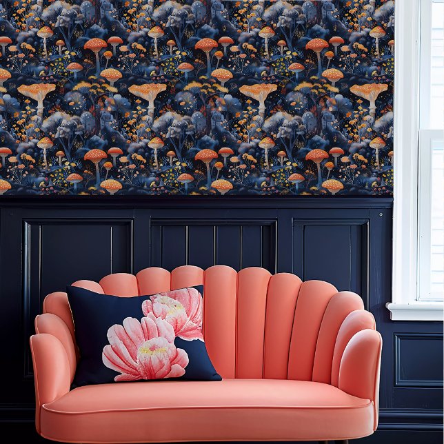 Papier Peint Champignons orange Fairycore dans une forêt bleue (Fairycore Orange Mushrooms in a Blue Forest Wallpaper above a coral scalloped sofa.)