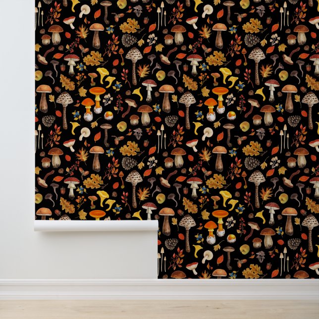 Papier Peint Champignons sauvages sur le noir (Application)