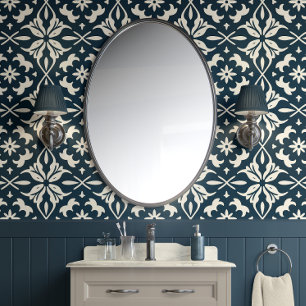 Papier Peint Charme floral chic - Turquoise profond & crème - E