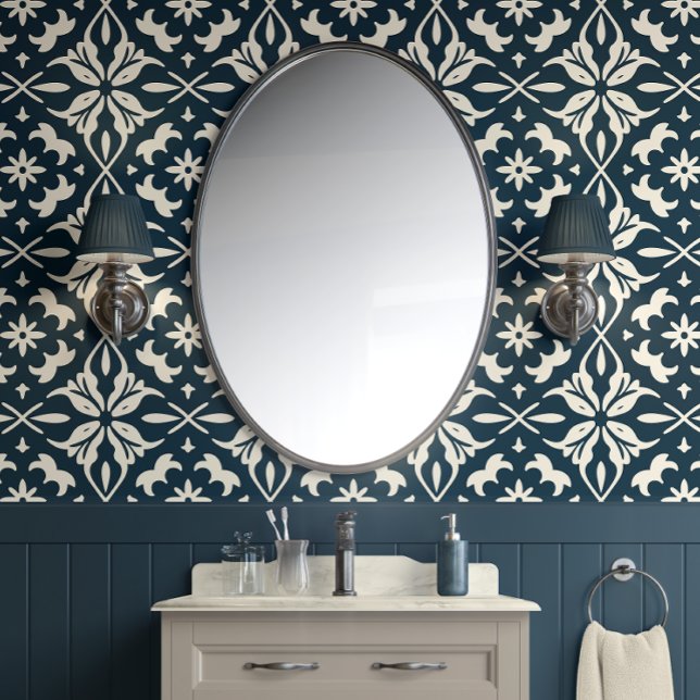 Papier Peint Charme floral chic - Turquoise profond & crème - E (Chic Floral Charm - Deep Teal & Cream - Eclectic Peel and Stick Wallpaper)
