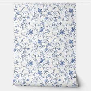 Papier Peint Charme Floral Français Petite - Bleu et Hors Blanc