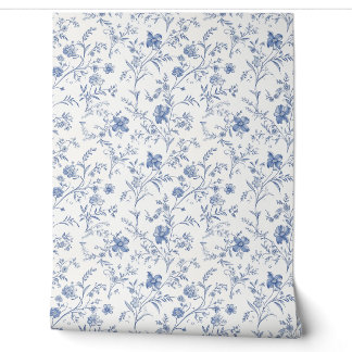 Papier Peint Charme Floral Français Petite - Bleu et Hors Blanc