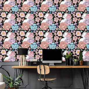 Papier Peint Chat Blanc Pastel Floral Botanique Romantique Noir