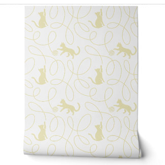 Papier Peint Chat joueur et motif de pelote de laine beige clai