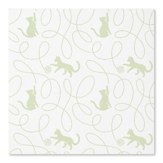 Papier Peint Chat joueur et motif de pelote de laine Vert sauge