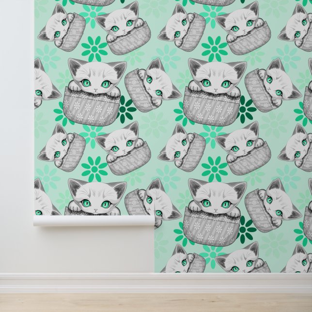 Papier Peint Chat mignon et joueur sortant d'une poche (Application)