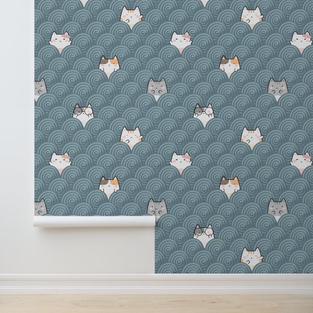 Papier peint chat mignon kawaii tourbillon bleu (Application)