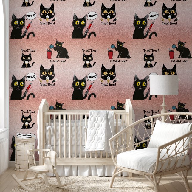 Papier Peint Chat noir Whimsical moderne rétro - Pinkish (Enfants)