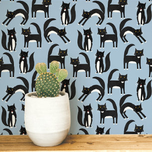 Papier Peint Chat Tuxedo Noir et Blanc Art Bleu
