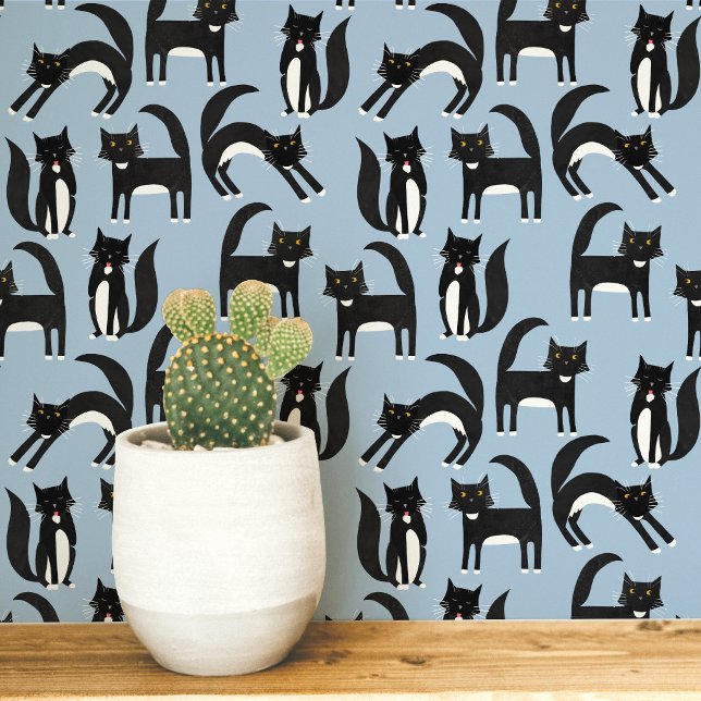 Papier Peint Chat Tuxedo Noir et Blanc Art Bleu (Black and white Tuxedo cat blue wallpaper)