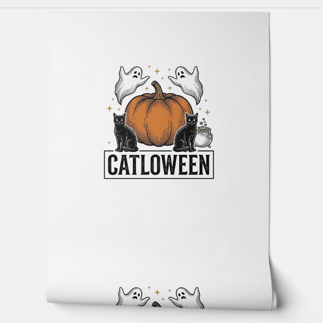 Papier Peint Chatoween Chat Noir Fantôme Halloween Conception V (Déroulement)