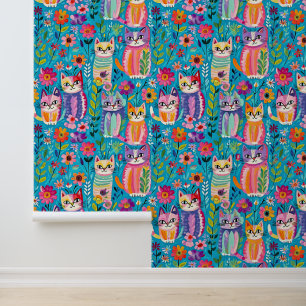 Papier Peint Chats et fleurs colorés Whimsical
