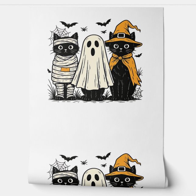 Papier Peint Chats noirs en costumes d'Halloween - Ghost, Witch (Déroulement)