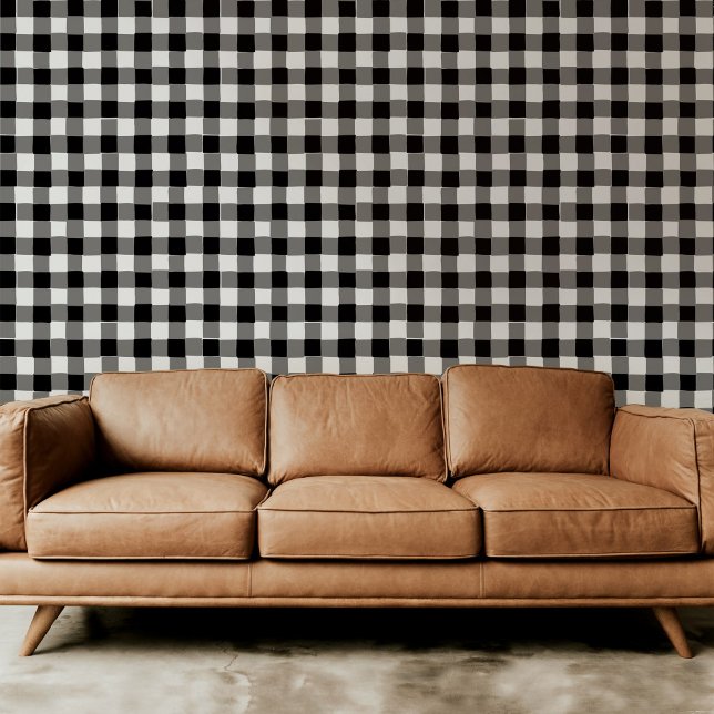 Papier Peint Chauffage à main noire et blanche du bison (Classic black and white hand-drawn buffalo check plaid modern peel and stick wallpaper.)