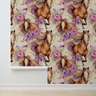 Papier Peint Cheval Belle Mane Rose Violet Fleurs Filles