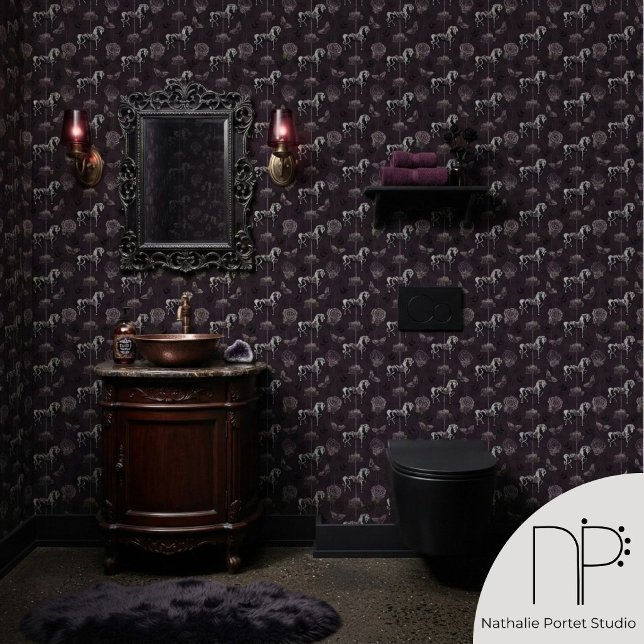 Papier Peint Cheval de carrousel squelette en prune foncé (This Dark Plum Carousel Skeleton Horse Wallpaper features hand-drawn fine-line ink artwork)