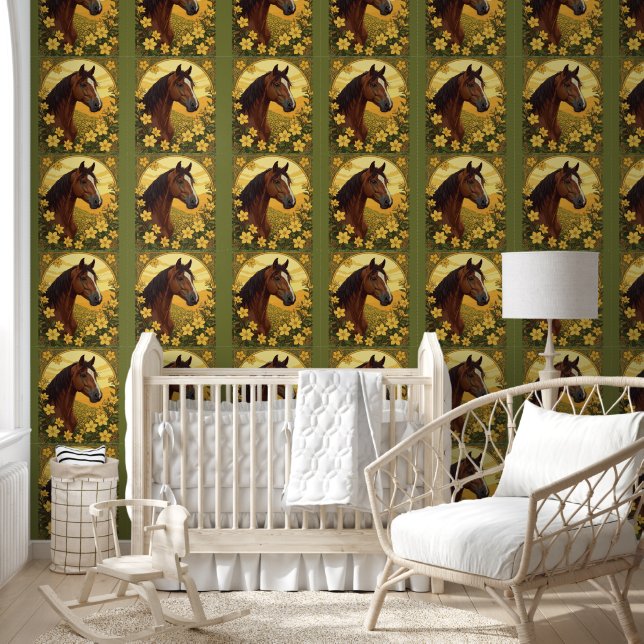 Papier Peint Cheval Entouré de Fleurs de Jasmin Jaune (Enfants)