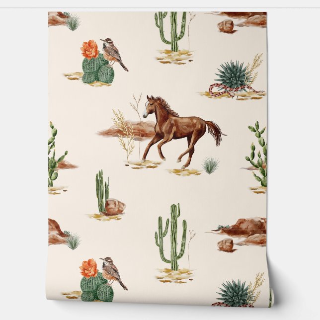 Papier Peint Cheval et cactus faunique aquarelle du désert rust (Déroulement)