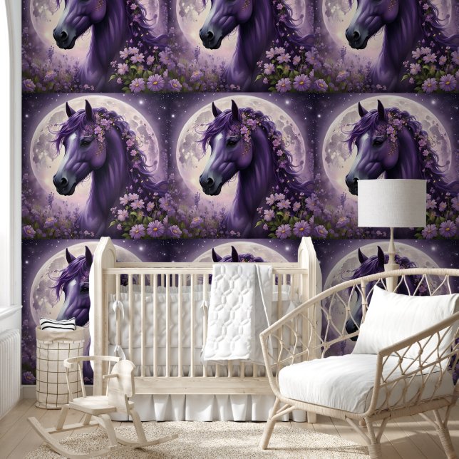 Papier Peint Cheval Violet Avec Lune Et Fleurs, (Enfants)