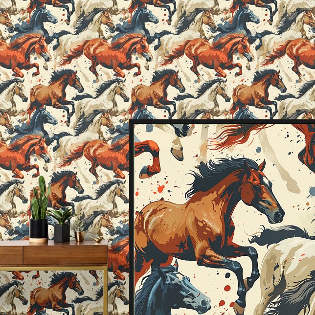 Papier Peint Chevaux au Galop Marron Crème Blanc (Créateur téléchargé)