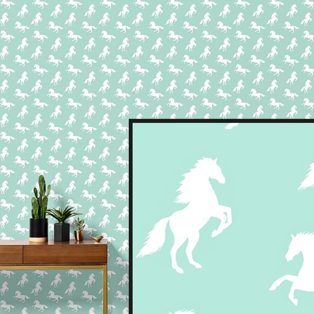 Papier Peint Chevaux blancs sur Vert doux clair (Créateur téléchargé)