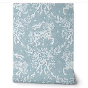 Papier Peint Chevaux de carrousel et fleurs Rococo bleu atténué