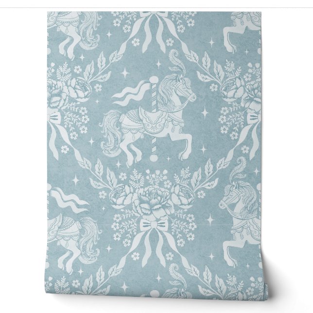 Papier Peint Chevaux de carrousel et fleurs Rococo bleu atténué (Déroulement)