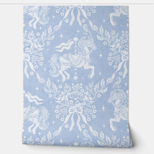 Papier Peint Chevaux de carrousel et florales bleu barbeau Roco