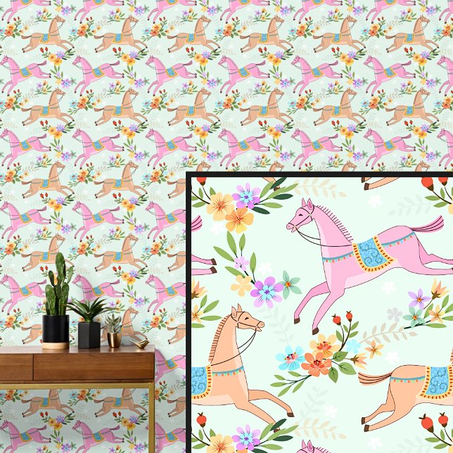 Papier Peint Chevaux et fleurs Brown roses (Créateur téléchargé)