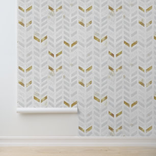 Papier Peint Chevron moderne Elégant Or Blanc Gris Peint