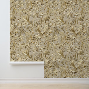 Papier Peint Chic beige or à outils cuir