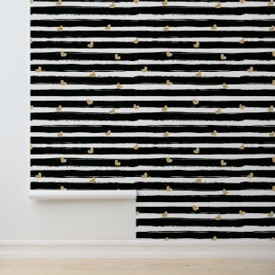 Papier Peint Chic Cœurs Dorés Lignes Noires Chambre