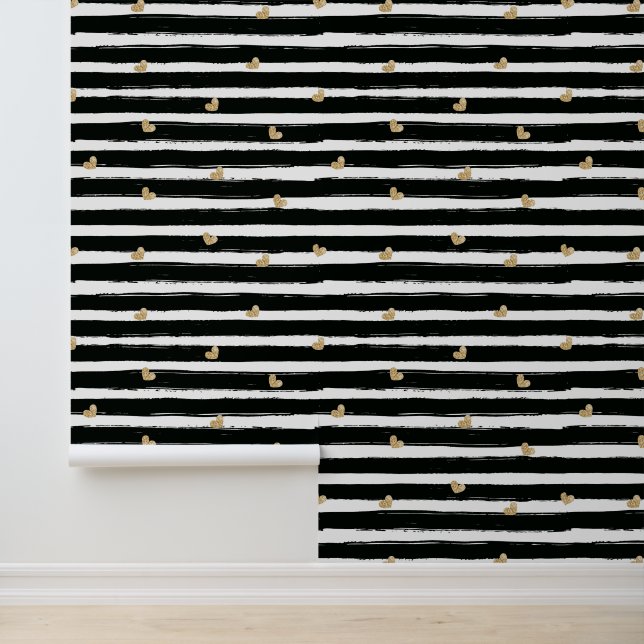 Papier Peint Chic Cœurs Dorés Lignes Noires Chambre (Application)