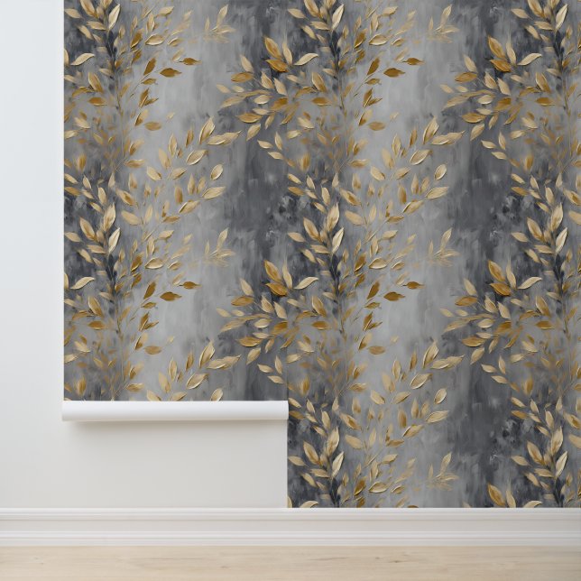 Papier Peint Chic Feuilles d'or gris lisse (Application)