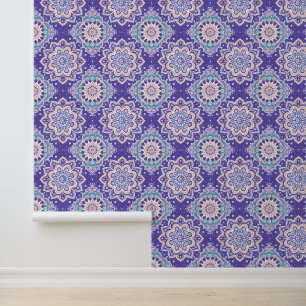 Papier Peint Chic Turquoise blanc Brown violet Mandala Peel & S